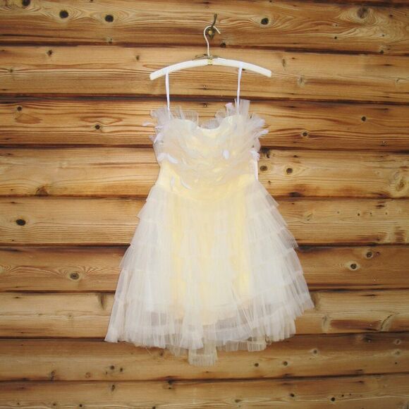 Mac Duggal 20259 MAC DUGGAL  Beige Feathered Strapless Tulle Fit and Flare Dress - Picture 9 of 16